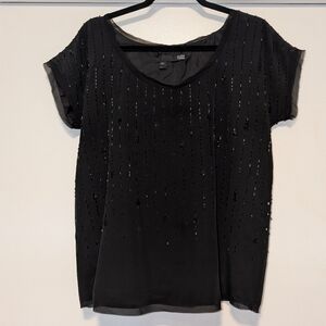 Eileen Fisher Beaded Silk Crepe Scoop Neck Blouse